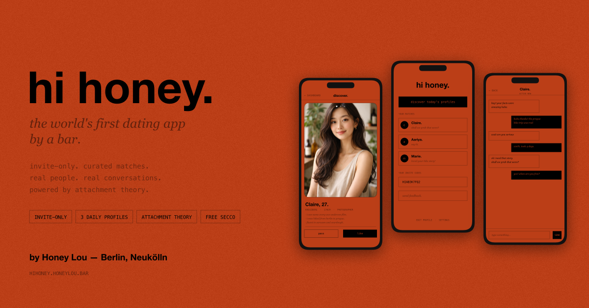 hi honey — the world's first dating app by a bar. Shows the app's discover, dashboard, and chat screens on Honey Lou's signature orange.